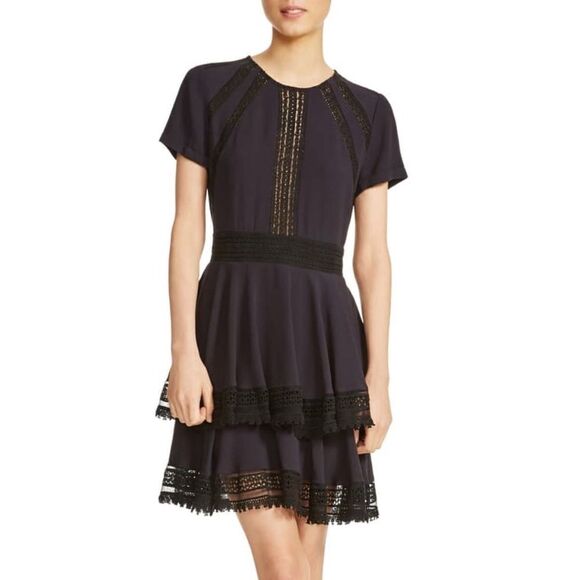 Maje Raglia Crepe Lace Inlet Tiered Dress Blue - Picture 2 of 10